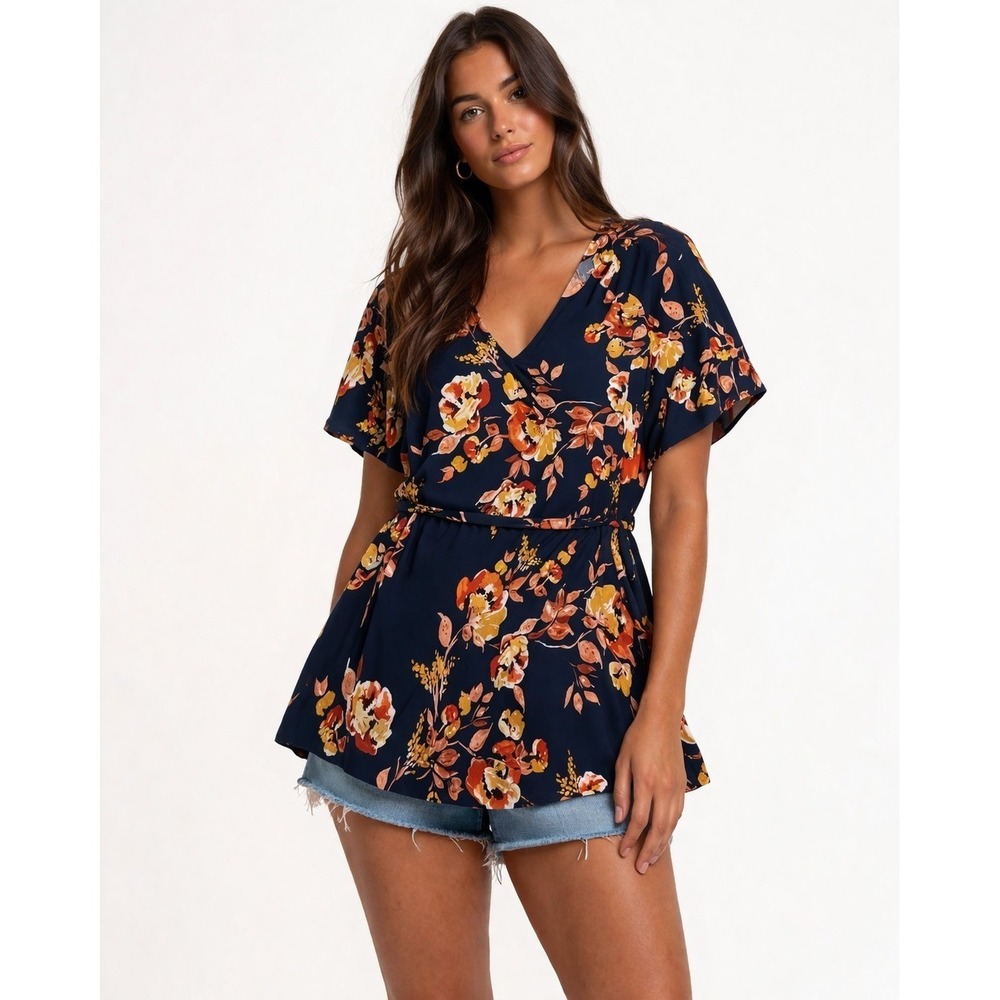 Isabel Maternity Butterfly Sleeve Tie Waist Top Navy Floral Print Size XSmall‎